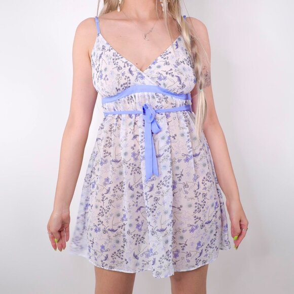 WHITE & BLUE FLORAL MESH BABYDOLL LINGERIE TOP - Picture 2 of 6